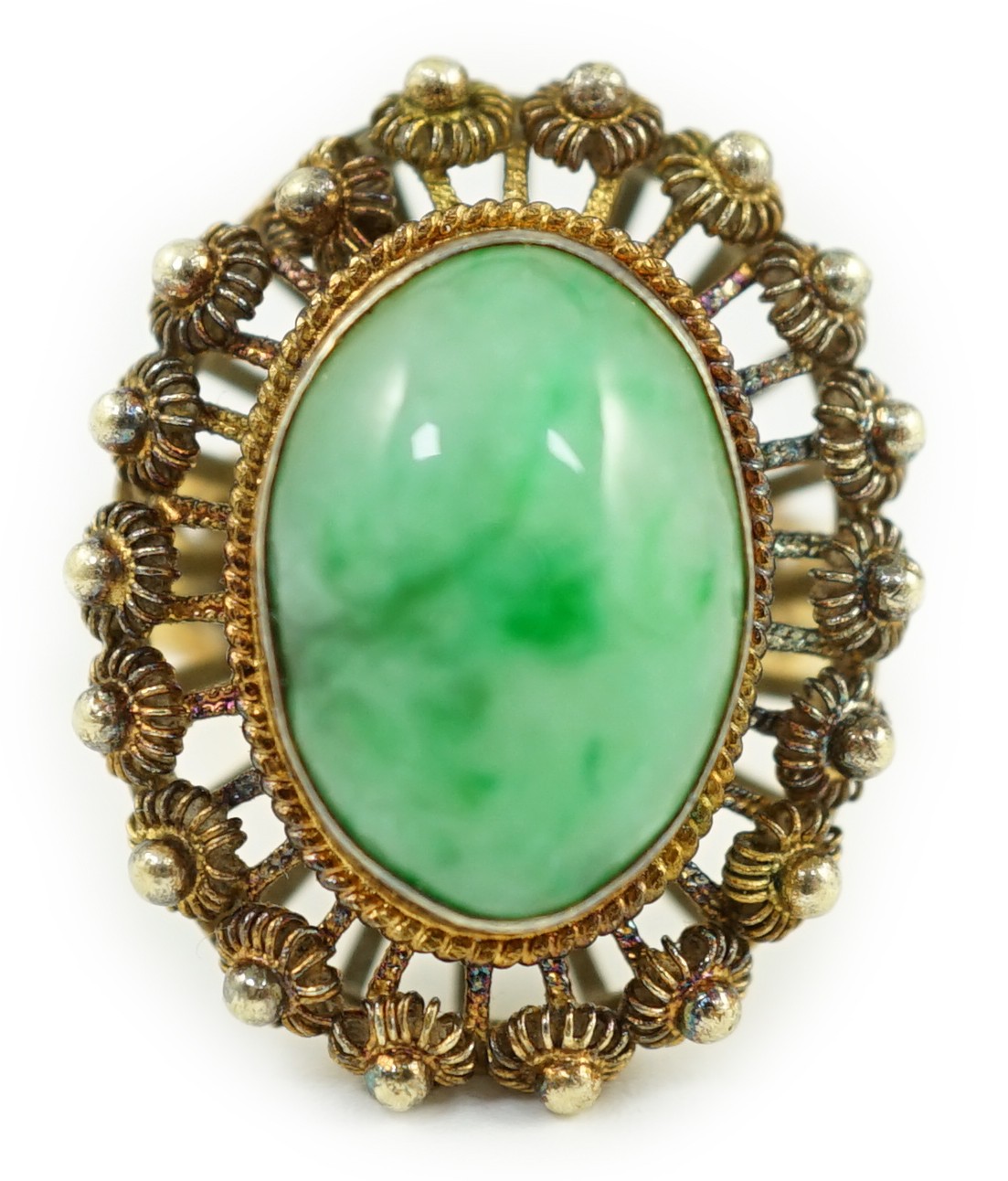 A Chinese? 14k yellow metal and cabochon jadeite set dress ring, size N, gross weight 6.3 grams.